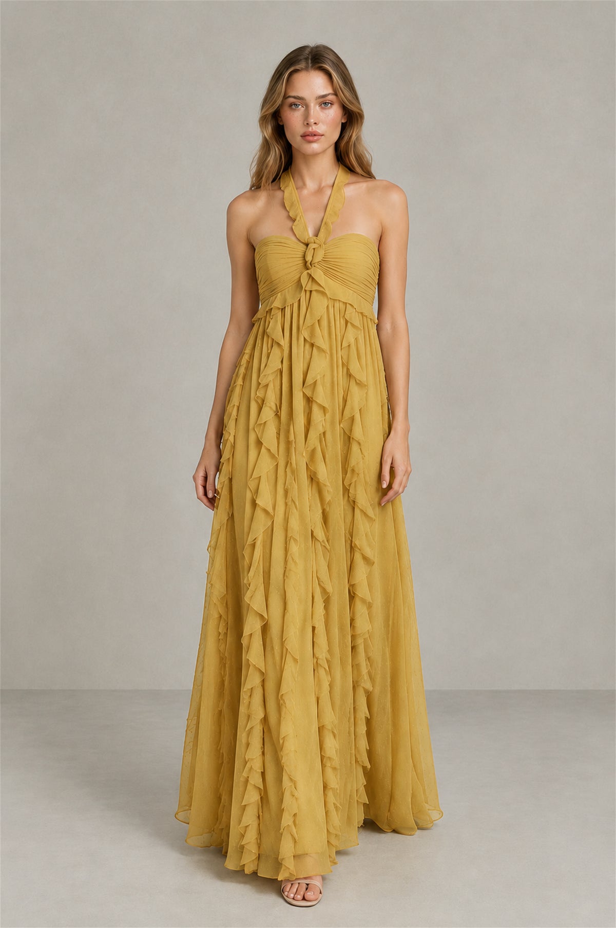 BOLODOO Gold Halter Ruffle A-Line Floor-Length Evening Dress - Gold - Gold_4