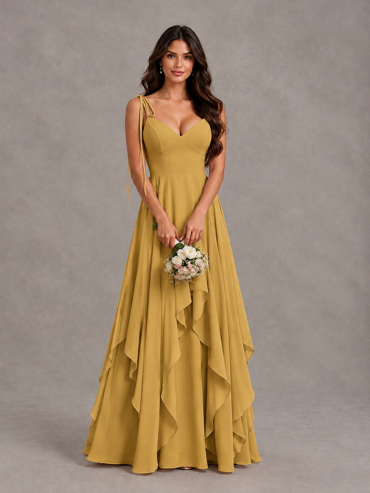 BOLODOO Gold Tie-Strap Ruffle A-Line Bridesmaid Dress - Gold - Gold_4