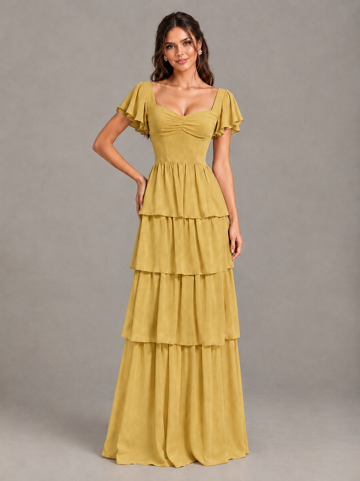 BOLODOO Gold Flutter Sleeve Tiered Maxi Bridesmaid Dress - Gold - Gold_4