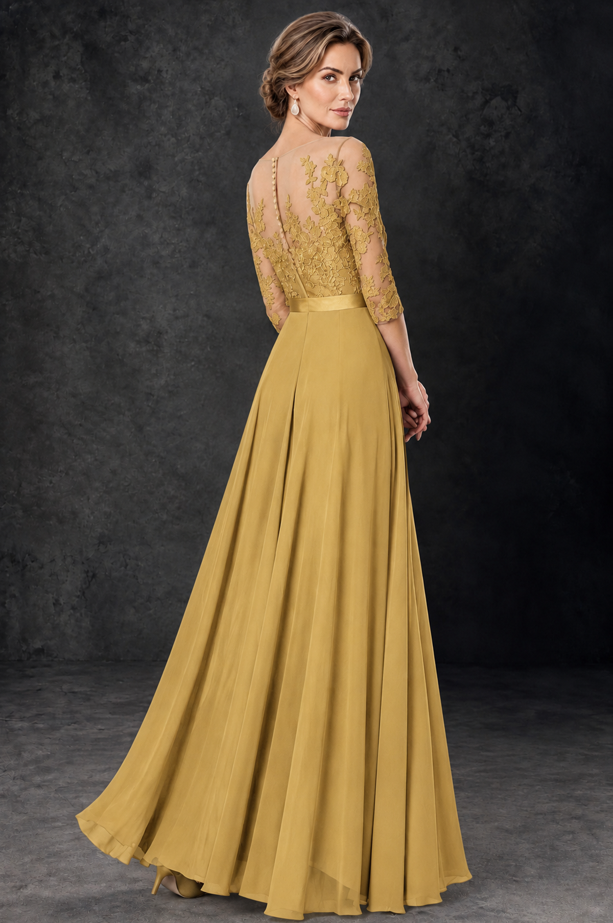 BOLODOO Gold Lace Wide-Leg Jumpsuit with Three-Quarter Sleeves - Gold - Gold_4
