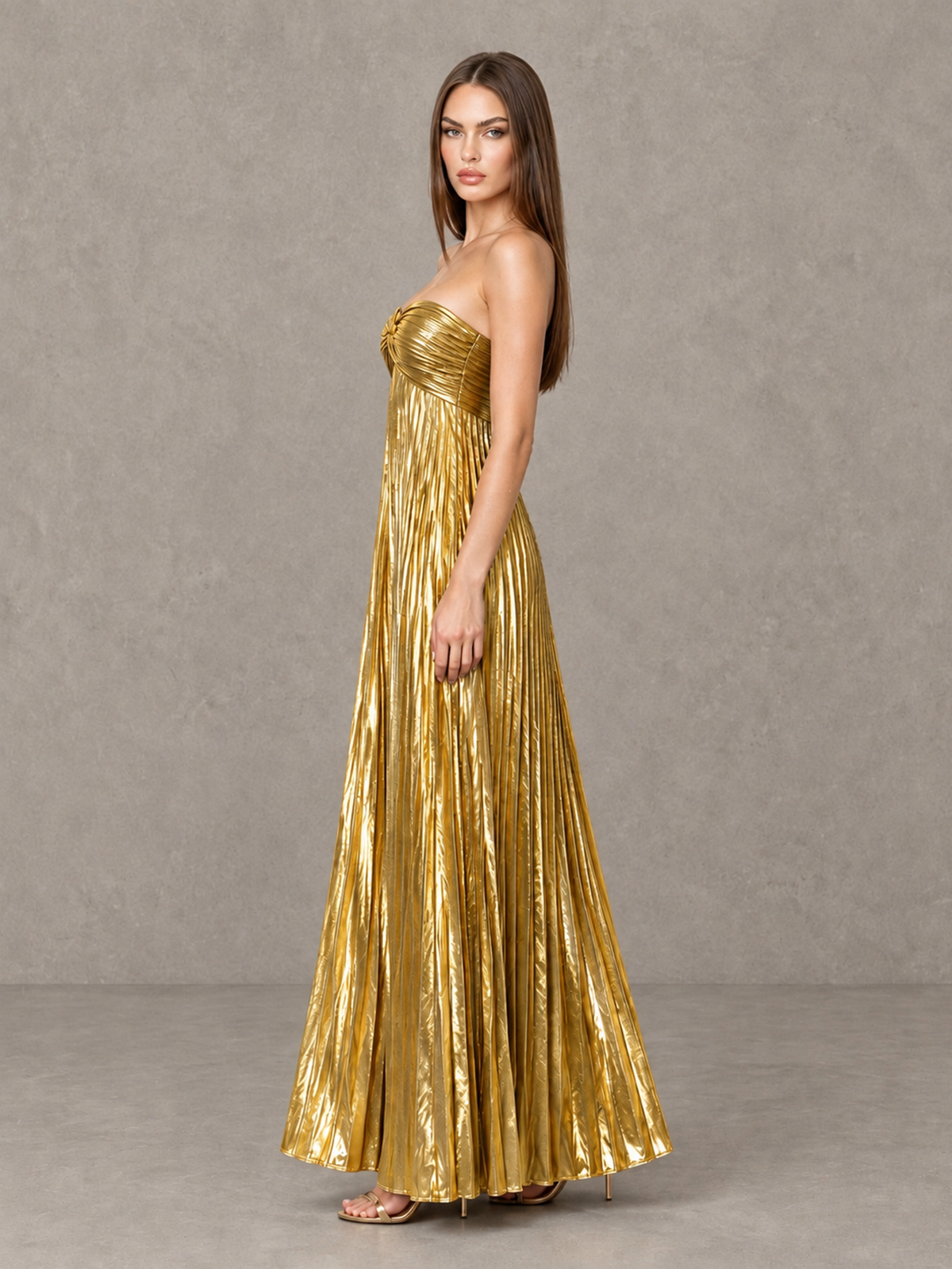 BOLODOO Gold Strapless Sweetheart Metallic Pleated Maxi Dress - Gold - Gold_4