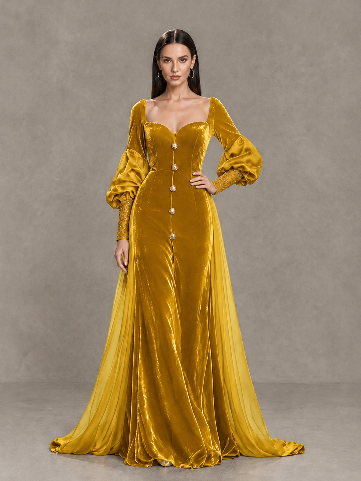 BOLODOO Gold Velvet Long Sleeve Open-Back Evening Gown - Gold - Gold_4