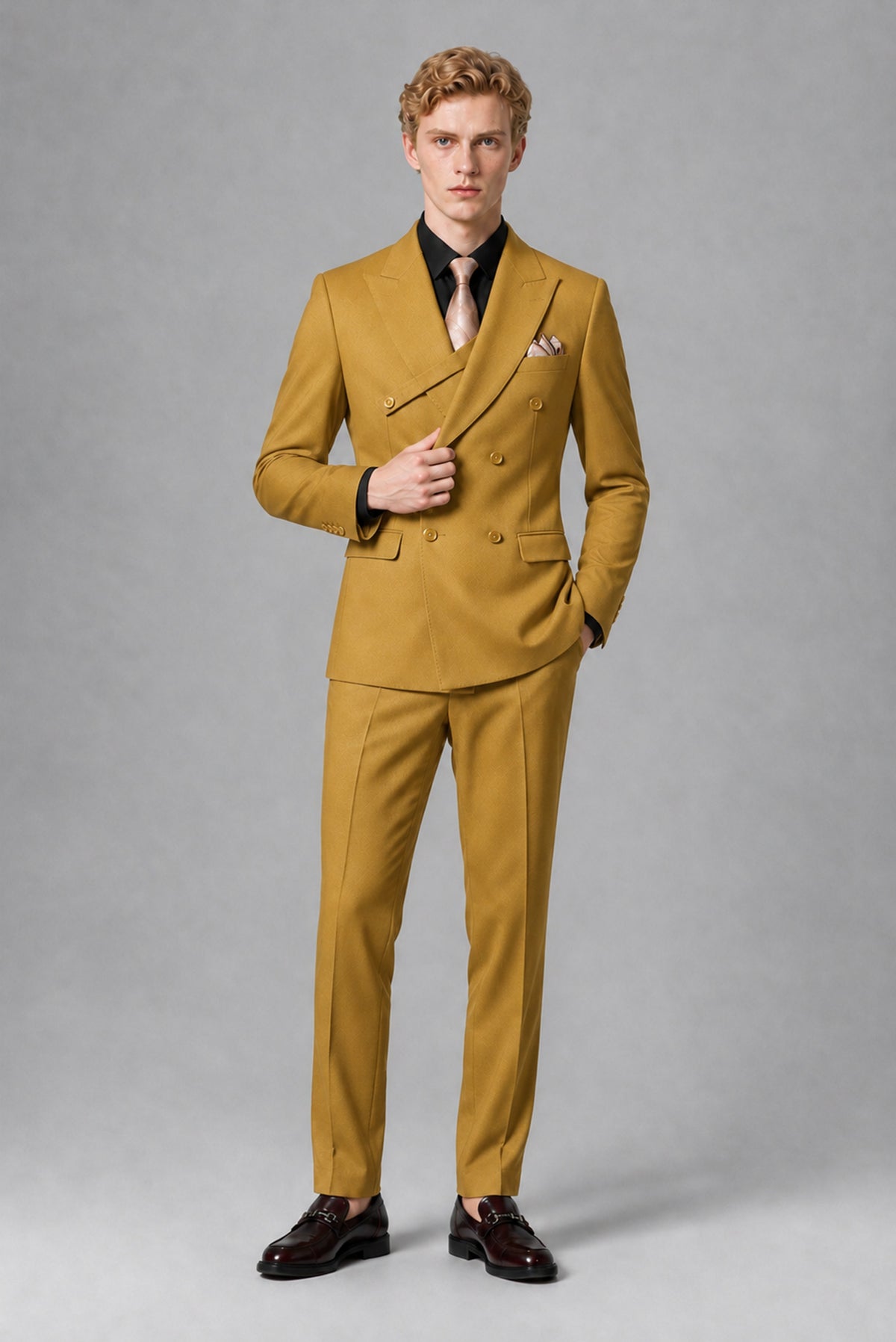 BOLODOO Men's Gold Double-Breasted Two-Piece Suit – Jacket & Trousers - Gold
