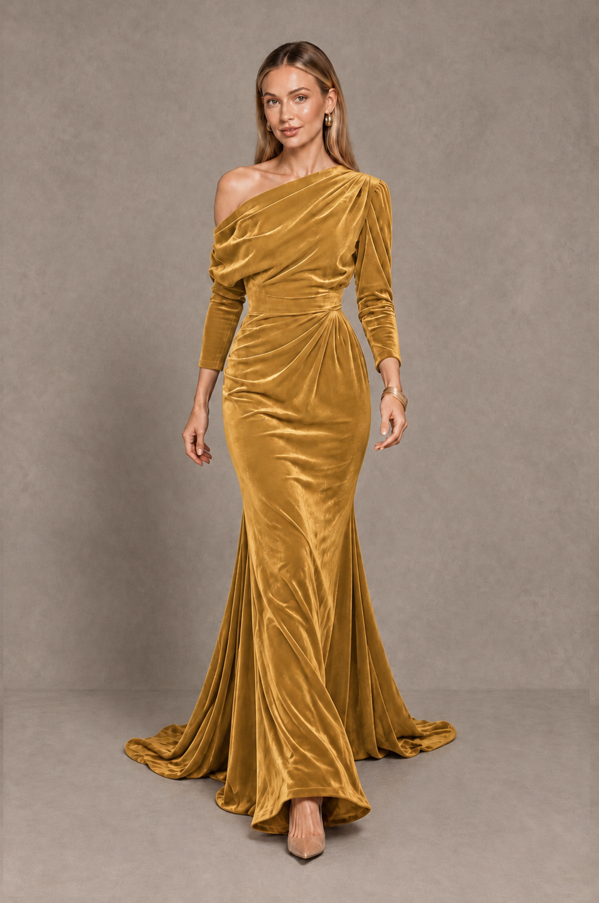 BOLODOO Gold Velvet Asymmetric Neck Mermaid Evening Dress - Gold - Gold_5