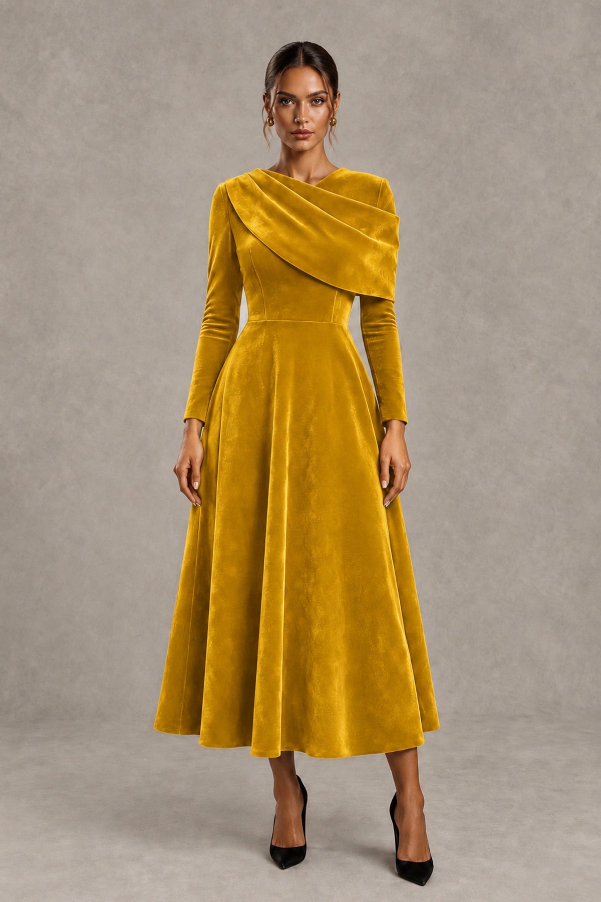 BOLODOO Gold Velvet-Look Long Sleeve Tea-Length A-Line Dress with Draped Neckline - Gold - Gold_5