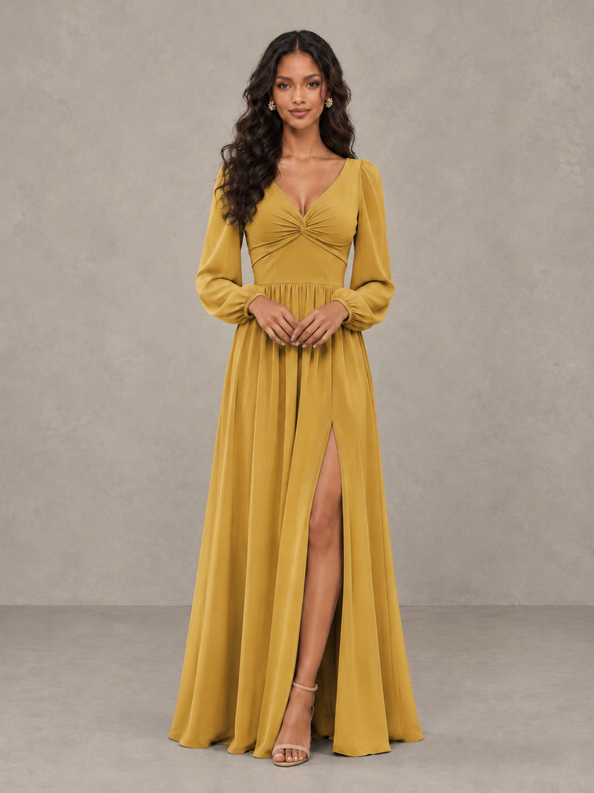 BOLODOO Gold V-Neck Long Sleeve Bridesmaid Dress with Tie Back and Slit - Gold - Gold_5