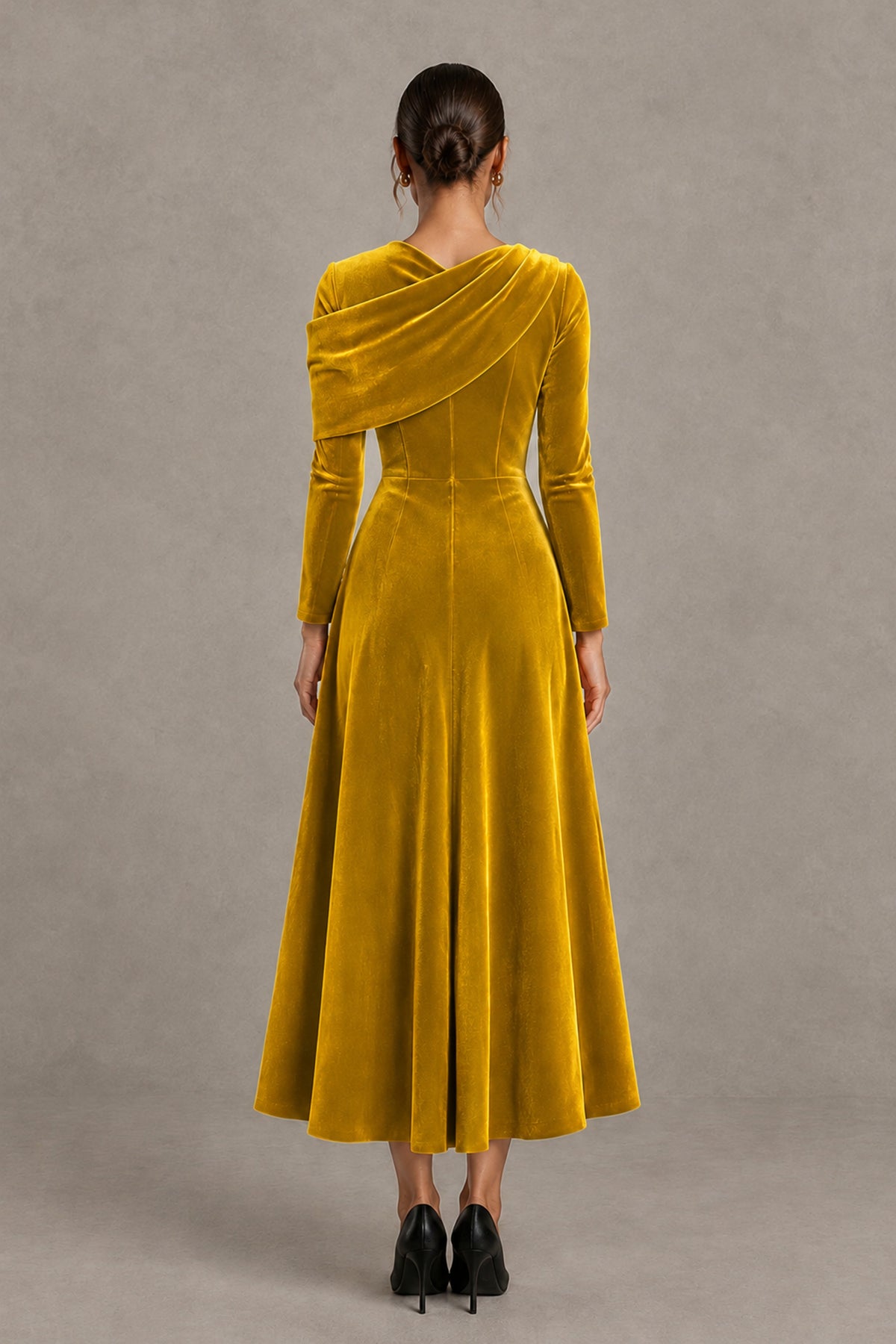 BOLODOO Gold Velvet-Look Long Sleeve Tea-Length A-Line Dress with Draped Neckline - Gold - Gold_6