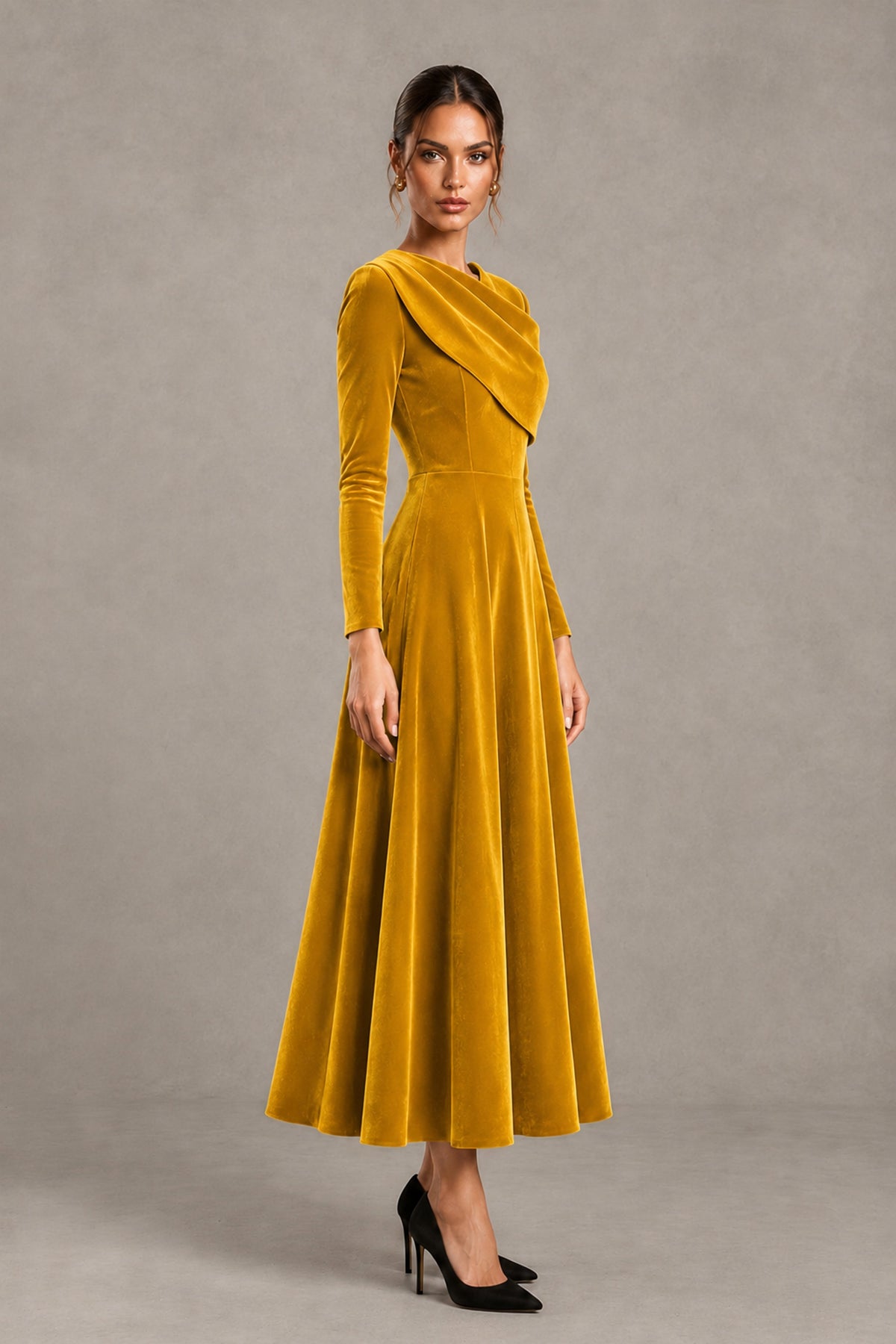 BOLODOO Gold Velvet-Look Long Sleeve Tea-Length A-Line Dress with Draped Neckline - Gold - Gold_7