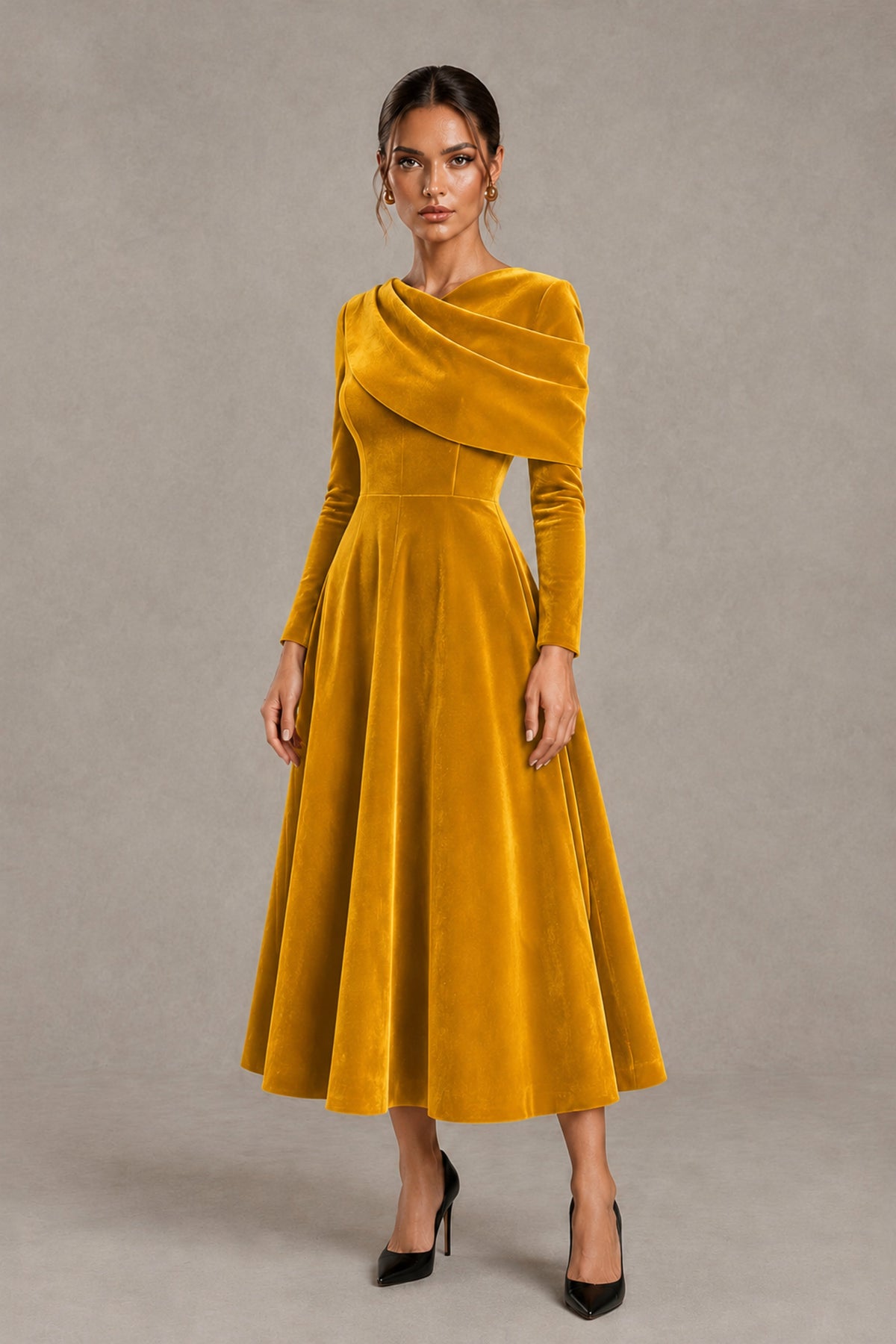 BOLODOO Gold Velvet-Look Long Sleeve Tea-Length A-Line Dress with Draped Neckline - Gold - Gold_8