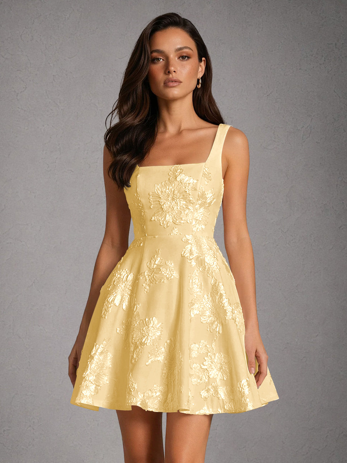 BOLODOO Pearl Gold Iridescent Floral Embroidered Square Neck Wide Strap A-Line Mini Dress with Lace-Up Back - Gold