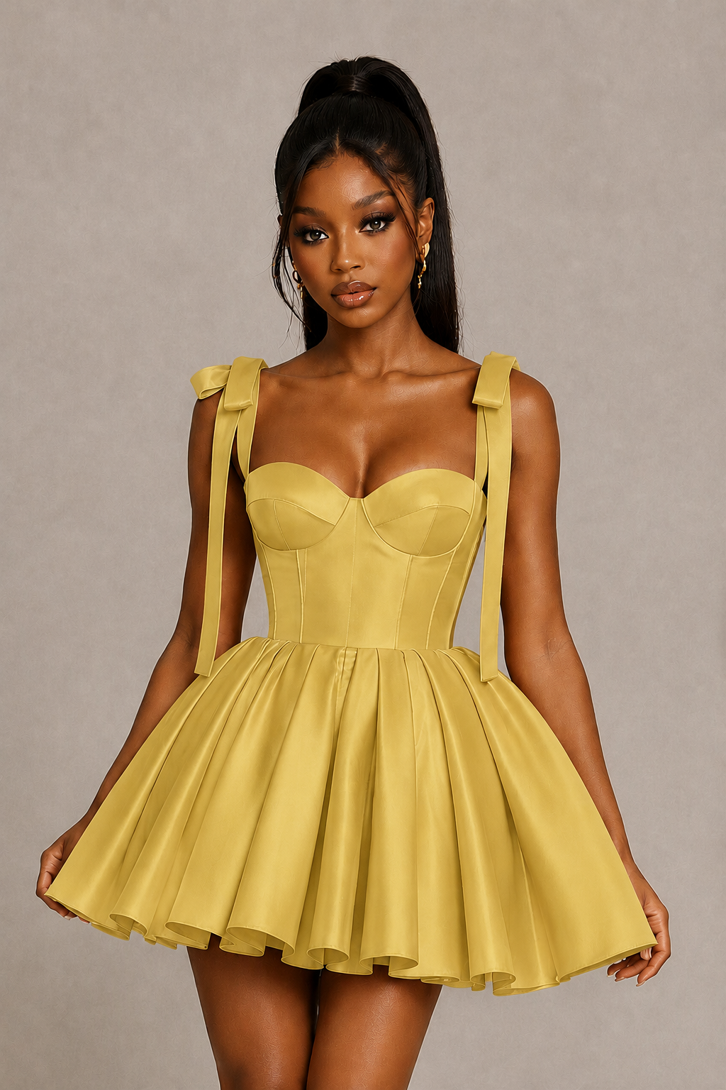 BOLODOO Gold Satin Sweetheart Corset Bow Strap Lace-Up Open Back Full Skirt Mini Dress | Prom Cocktail Party Dress - Gold