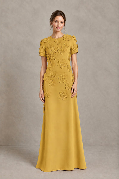 BOLODOO Gold Textured Floral Maxi Dress with Short Sleeves - Gold