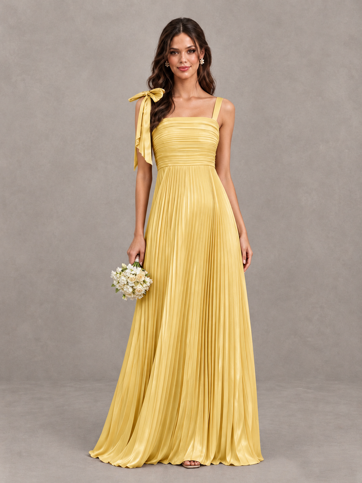 BOLODOO Gold Pleated Bow-Strap Bridesmaid Maxi Dress - Gold - Gold (1)