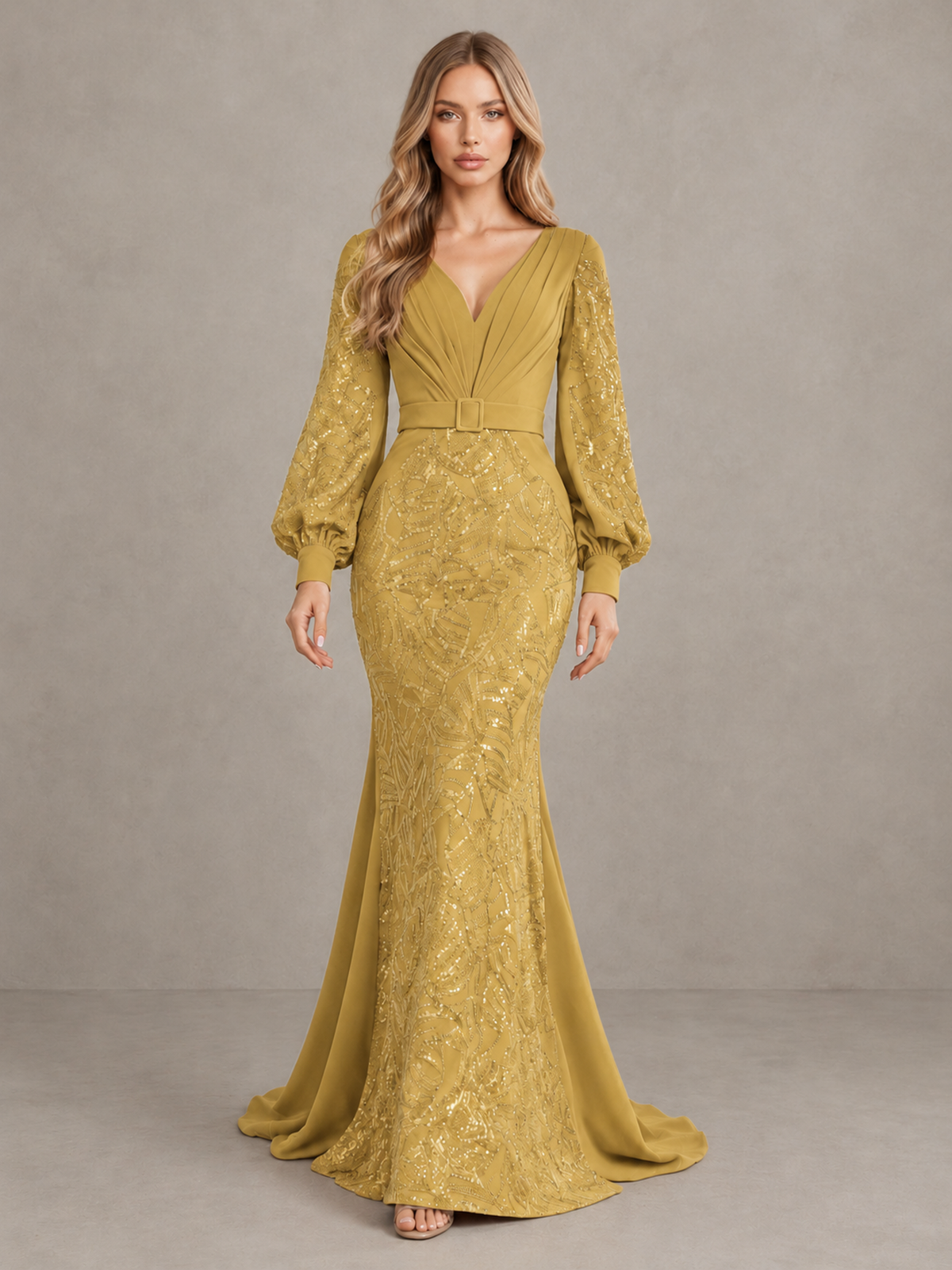 BOLODOO Gold Sequin Long Bishop Sleeve Mermaid Evening Dress - Gold - Gold (1)