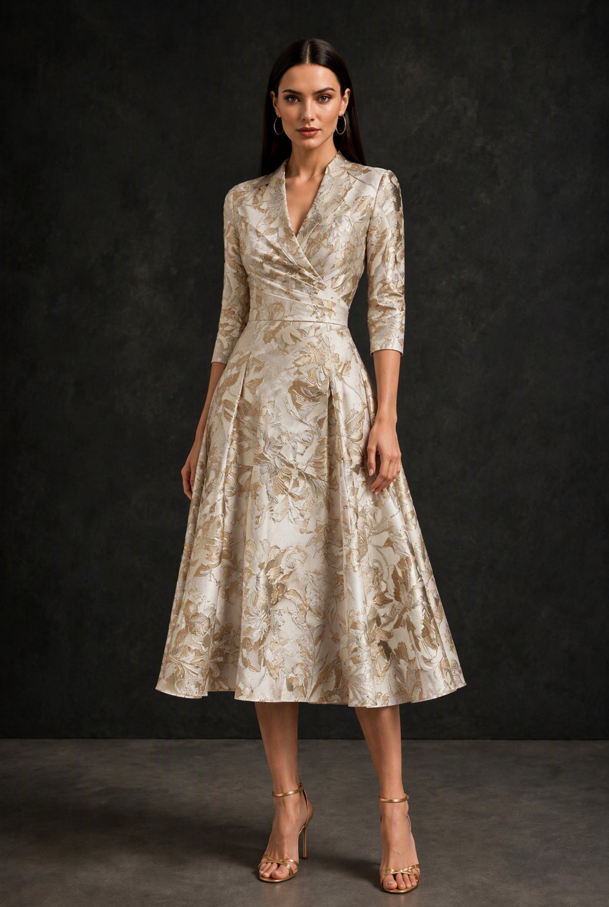 BOLODOO Gold Gold Floral Jacquard Wrap Midi Dress with Three-Quarter Sleeves - Gold - Gold (1)