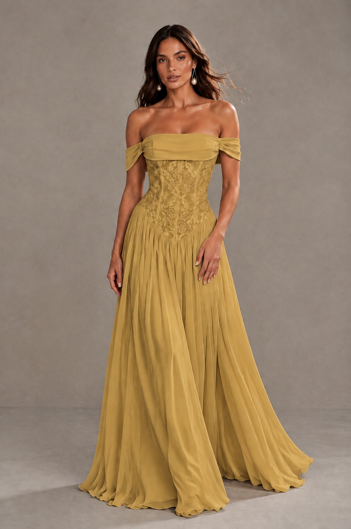 BOLODOO Gold Off-Shoulder Lace Corset Tulle Maxi Dress - Gold - Gold (1)