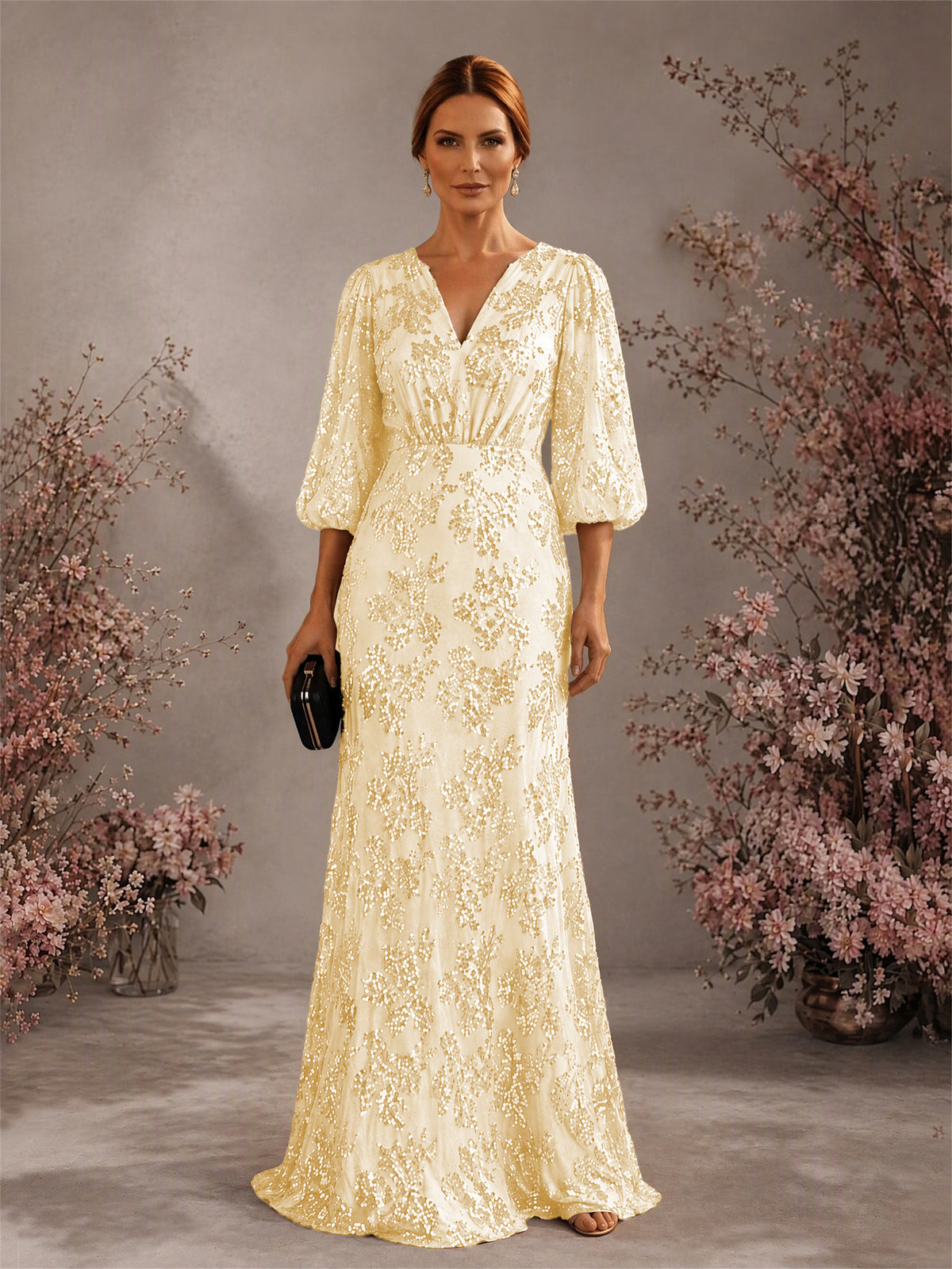 BOLODOO Gold V-Neck Lantern Sleeve All-Over Sequin Floral Embroidered Mermaid Gown - Gold