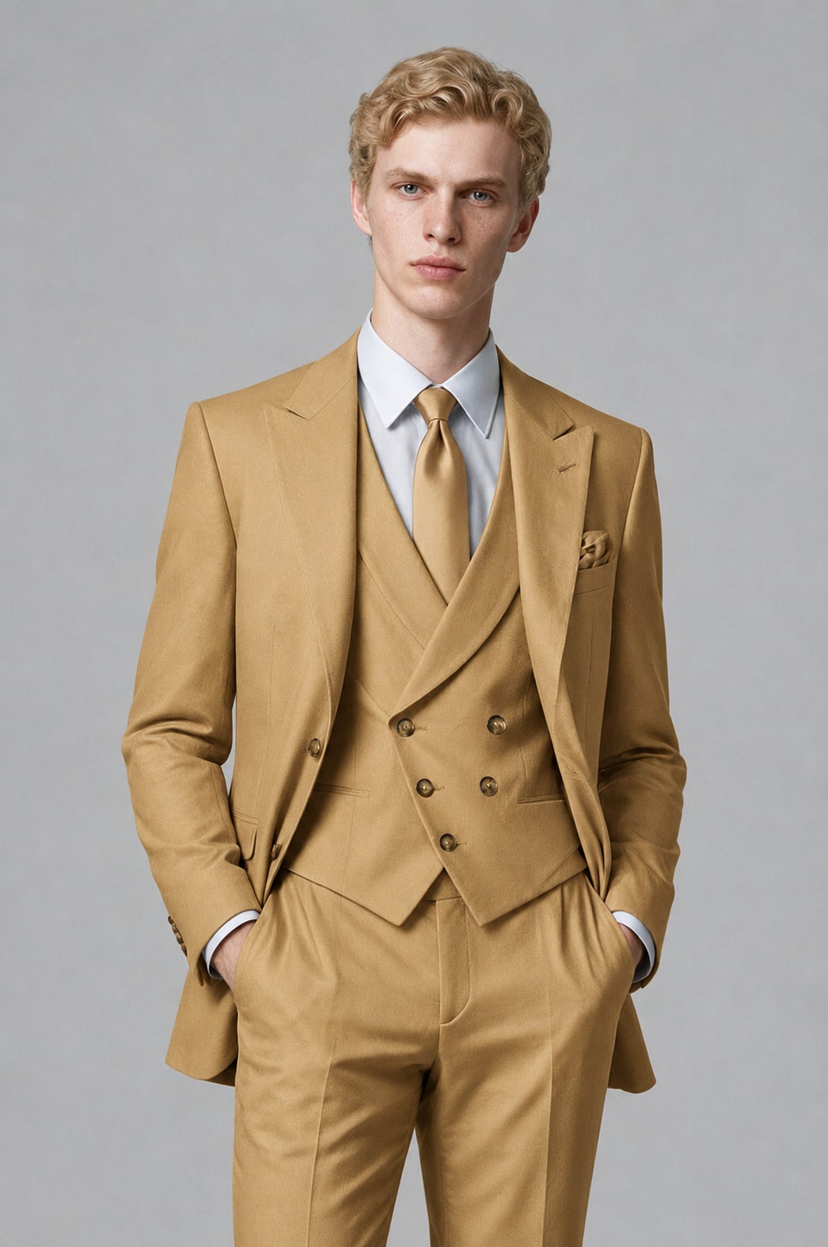 Bolodoo Men's Gold Two-Piece Suit with Notch-Lapel Jacket and Trousers - Gold - Gold (1)