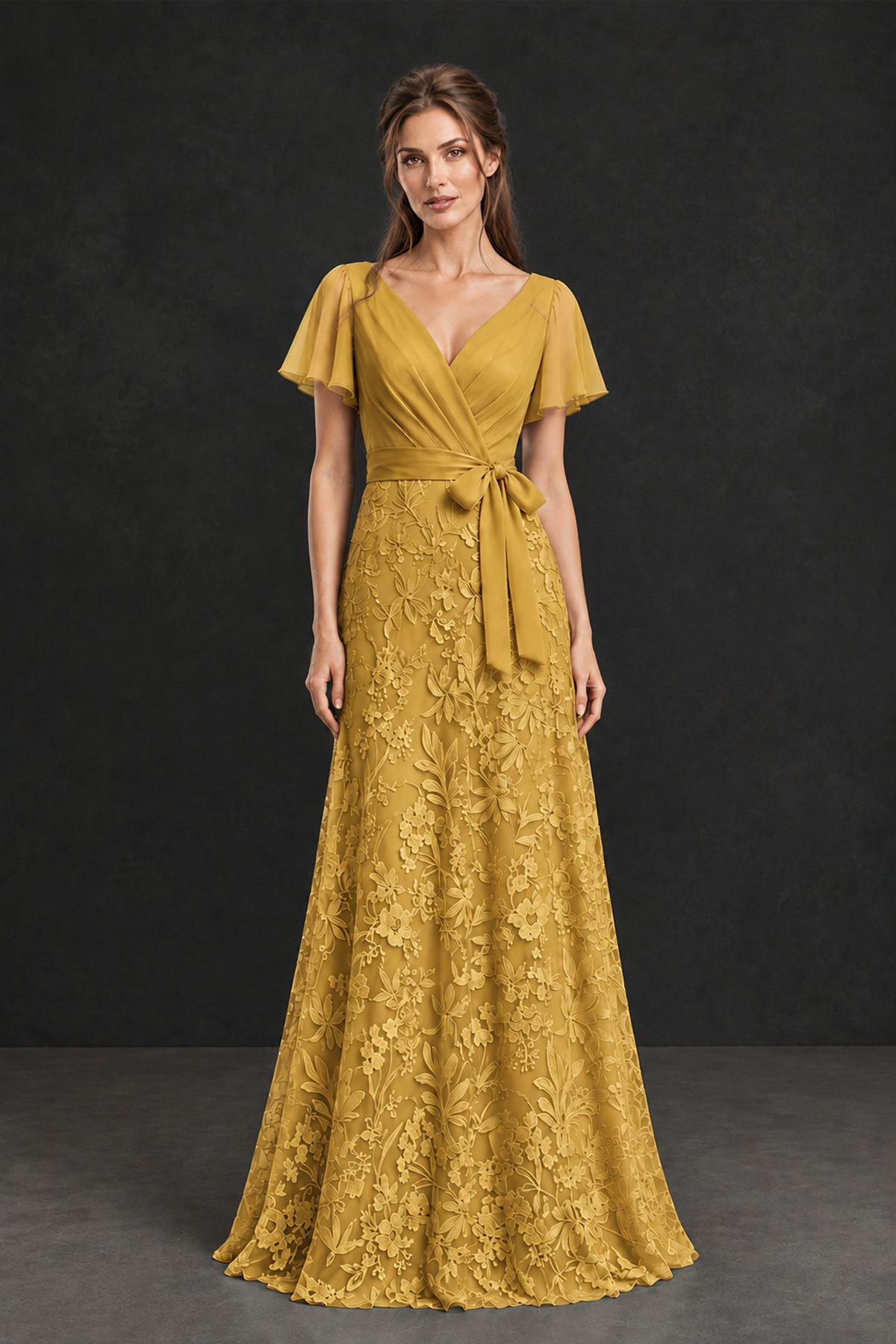 BOLODOO Gold Flutter Sleeve Lace Mother of the Bride Dress - Gold