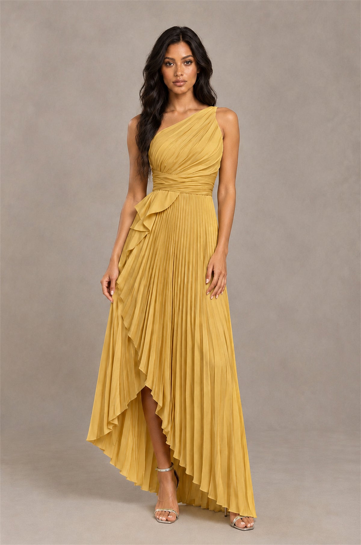 BOLODOO Gold One-Shoulder High-Low Ruffle Maxi Dress - Gold