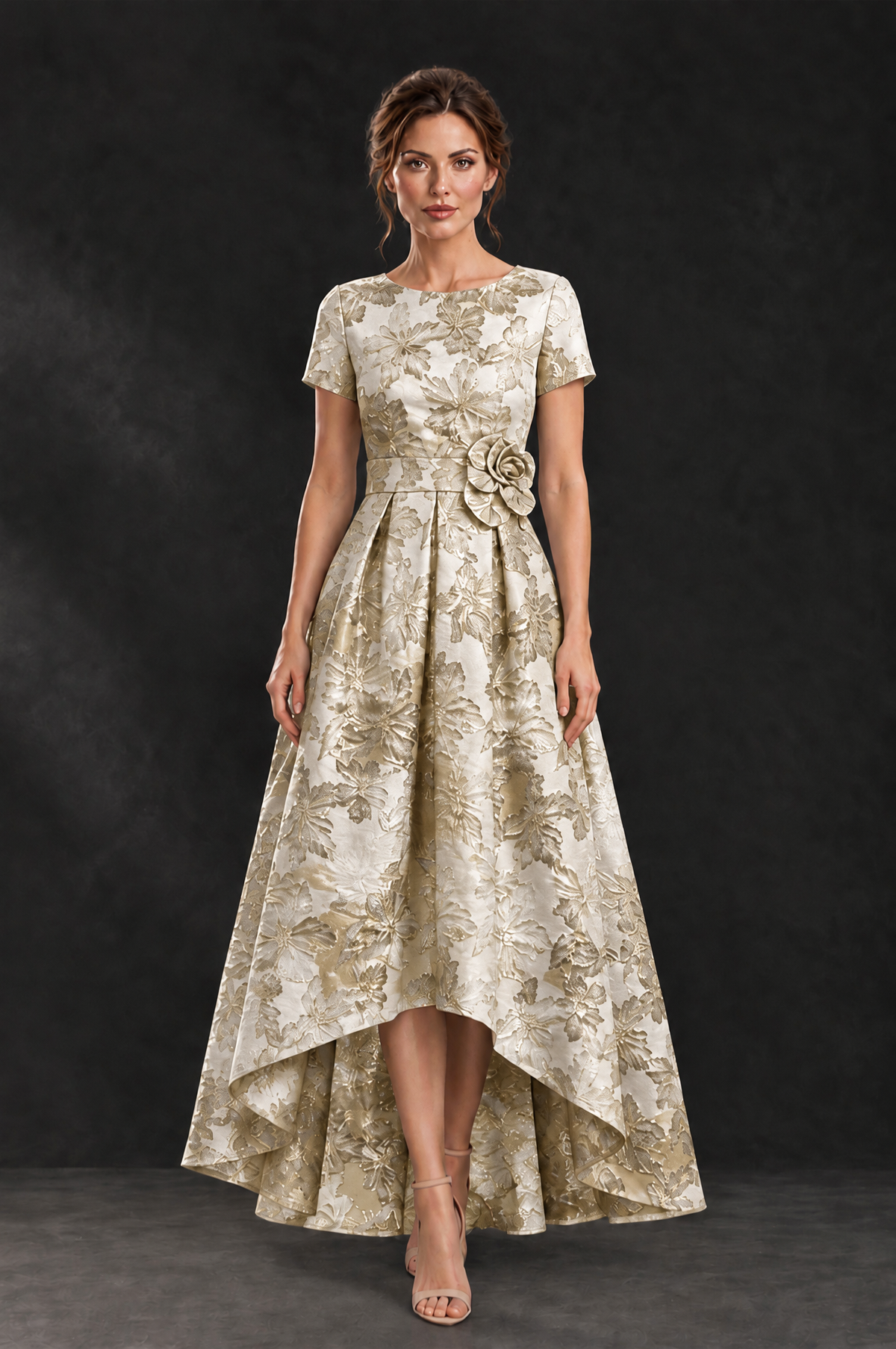 BOLODOO Gold Floral High Low Mother of the Bride Dress - Gold - Gold (1)