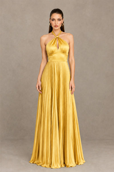 BOLODOO Gold Halter Pleated A-Line Evening Dress - Gold