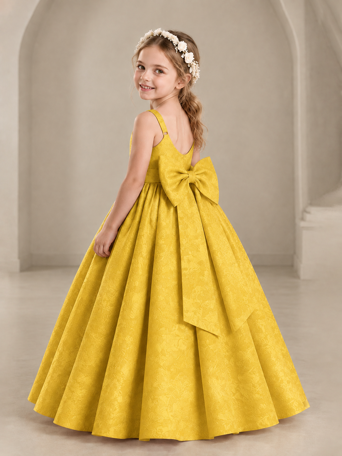 BOLODOO Gold Girls' A-Line Flower Girl Dress with Back Bow - Gold