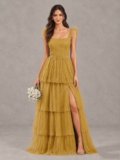 BOLODOO Gold Tiered Tulle Bridesmaid Dress with Slit - Gold - Gold (1)