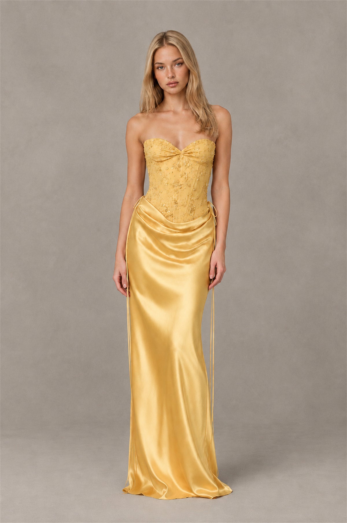 BOLODOO Gold Strapless Embellished Corset Satin-Look Maxi Dress - Gold