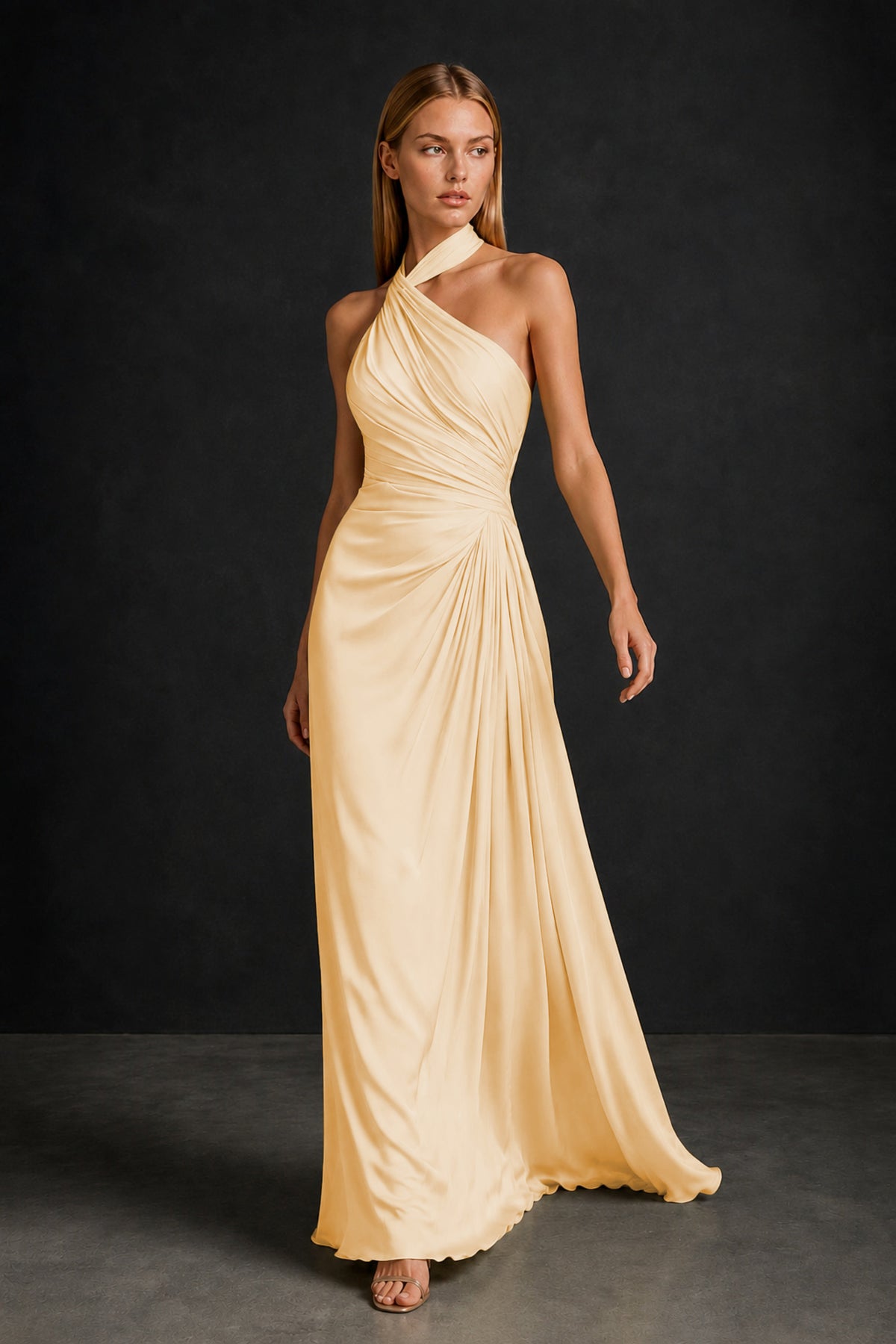 BOLODOO Gold Twisted Halter Neck Ruched Sleeveless Open Back Floor-Length Gown - Gold