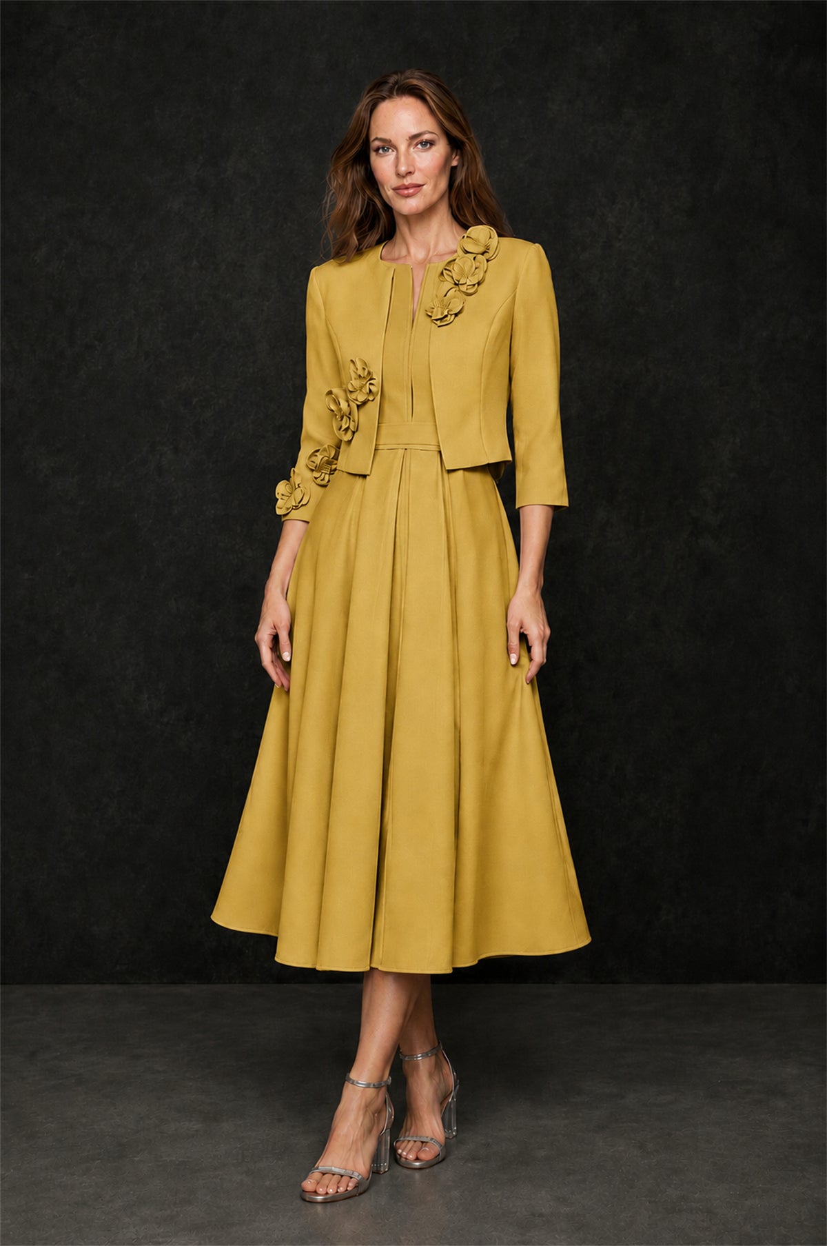 BOLODOO Gold 3D Rosette Appliqué 3/4 Sleeve Jacket & V-Notch Sleeveless A-Line Tea-Length Two-Piece Dress Set - Gold