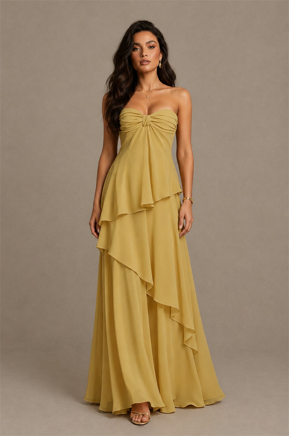 BOLODOO Gold Strapless Sweetheart Knotted Chiffon Tiered Maxi Dress with Lace-Up Back - Gold