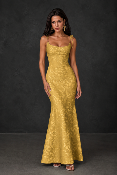 BOLODOO Gold Scoop Neck Tie Strap Lace-Up Back Floral Jacquard Mermaid Maxi Dress - Gold