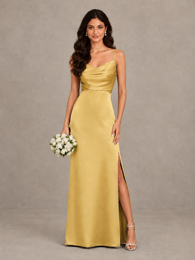 BOLODOO Gold Cowl Neck Satin Bridesmaid Dress with Slit - Gold - Gold (1)