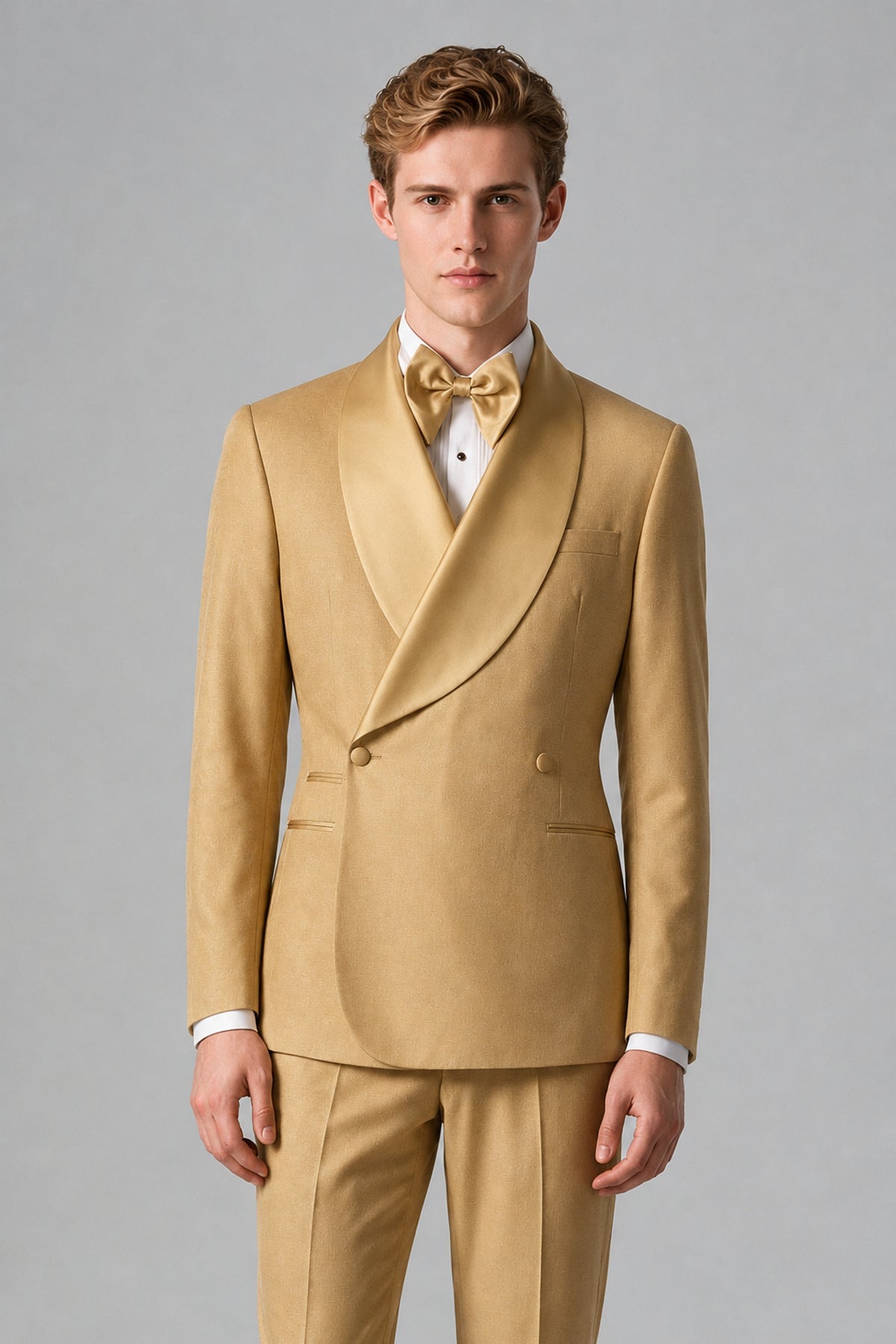 Bolodoo Men's Gold Shawl Lapel 2-Piece Tuxedo Suit – Jacket & Trousers - Gold - Gold (1)