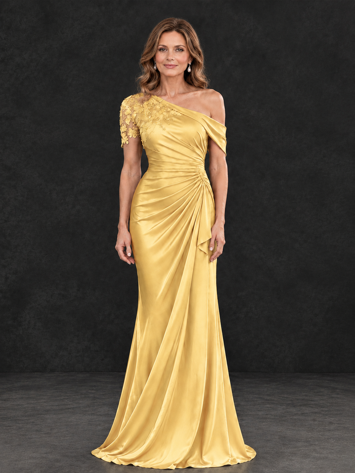 BOLODOO Gold Asymmetric Satin Mother of the Bride Dress with Lace Sleeve - Gold - Gold (1)