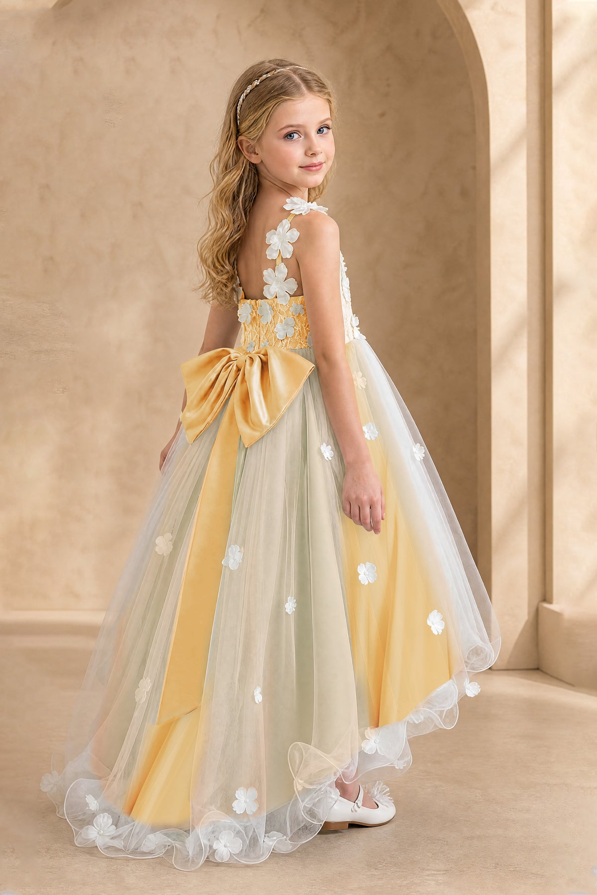 BOLODOO Gold Flower Girl Dress with Floral Appliqué and High-Low Tulle Skirt - Gold