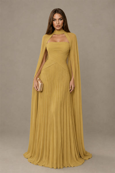 BOLODOO Gold Strapless Crossover Ruched Bodice Detached Turtleneck Cape Lace-Up Back Pleated Chiffon Maxi Dress - Gold