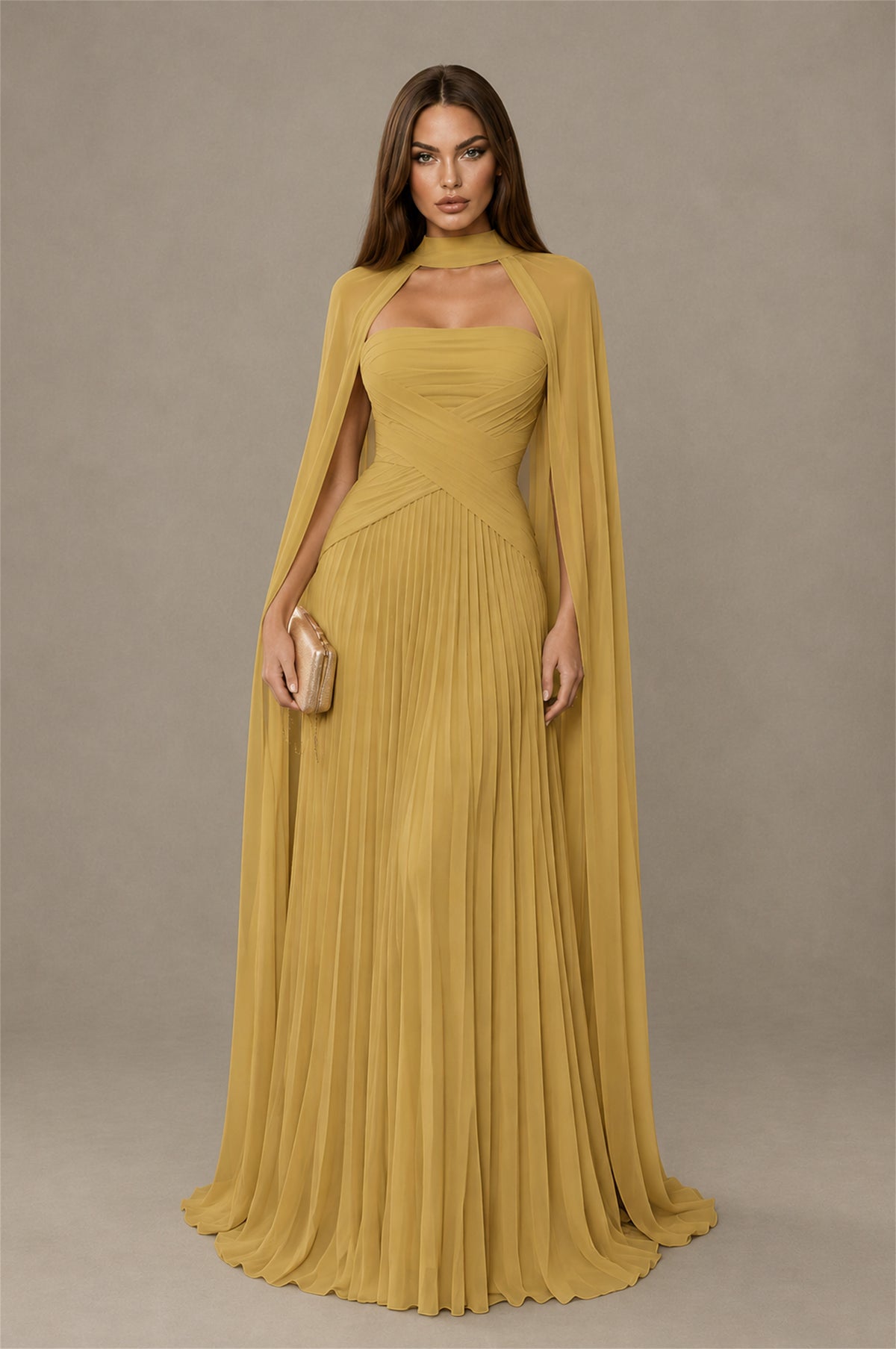 BOLODOO Gold Strapless Crossover Ruched Bodice Detached Turtleneck Cape Lace-Up Back Pleated Chiffon Maxi Dress - Gold