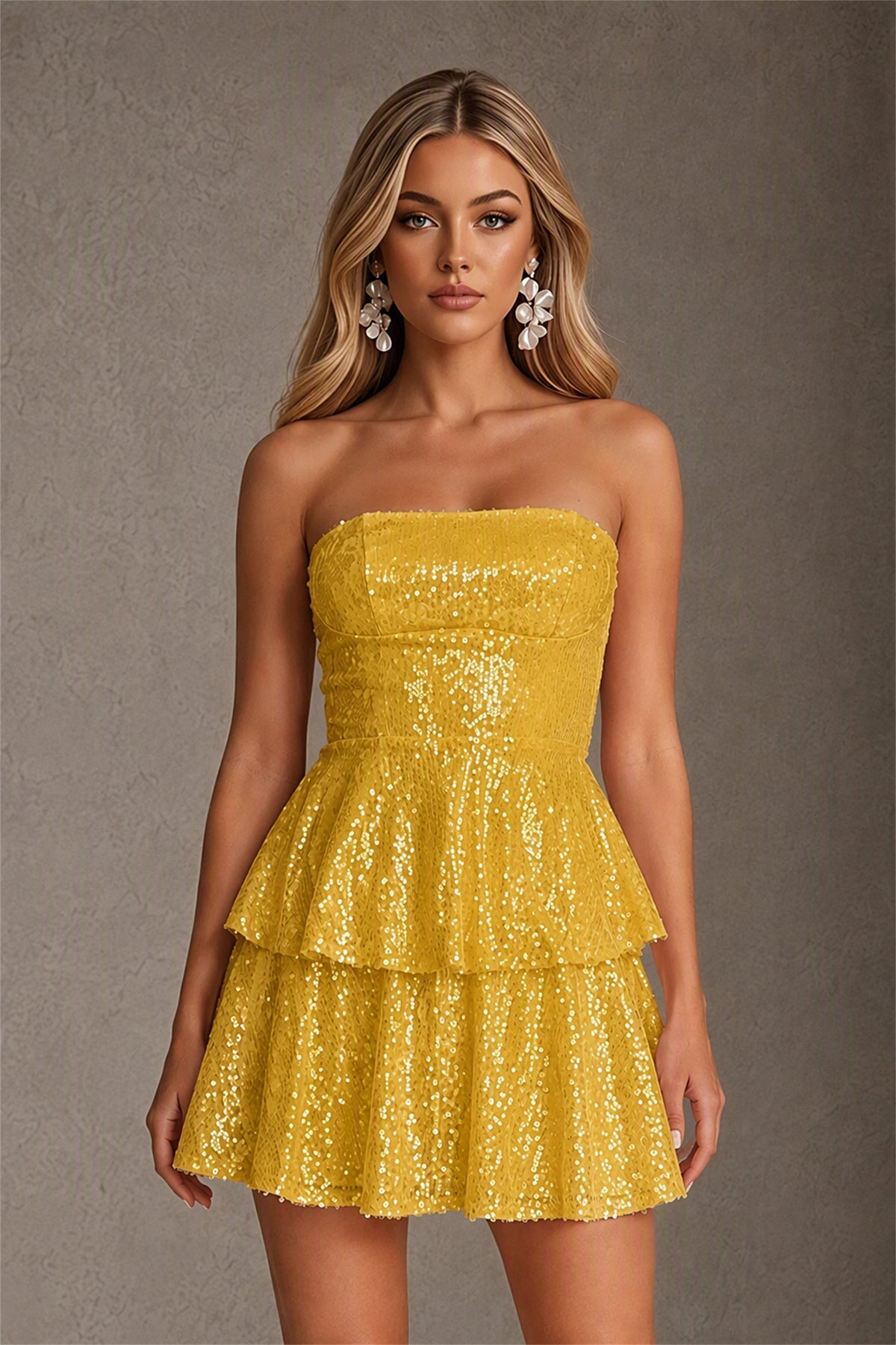 BOLODOO Gold Iridescent Sequin Strapless Open Back Bow Tiered Mini Dress | Aurora Sequin Ruffle Party Dress - Gold