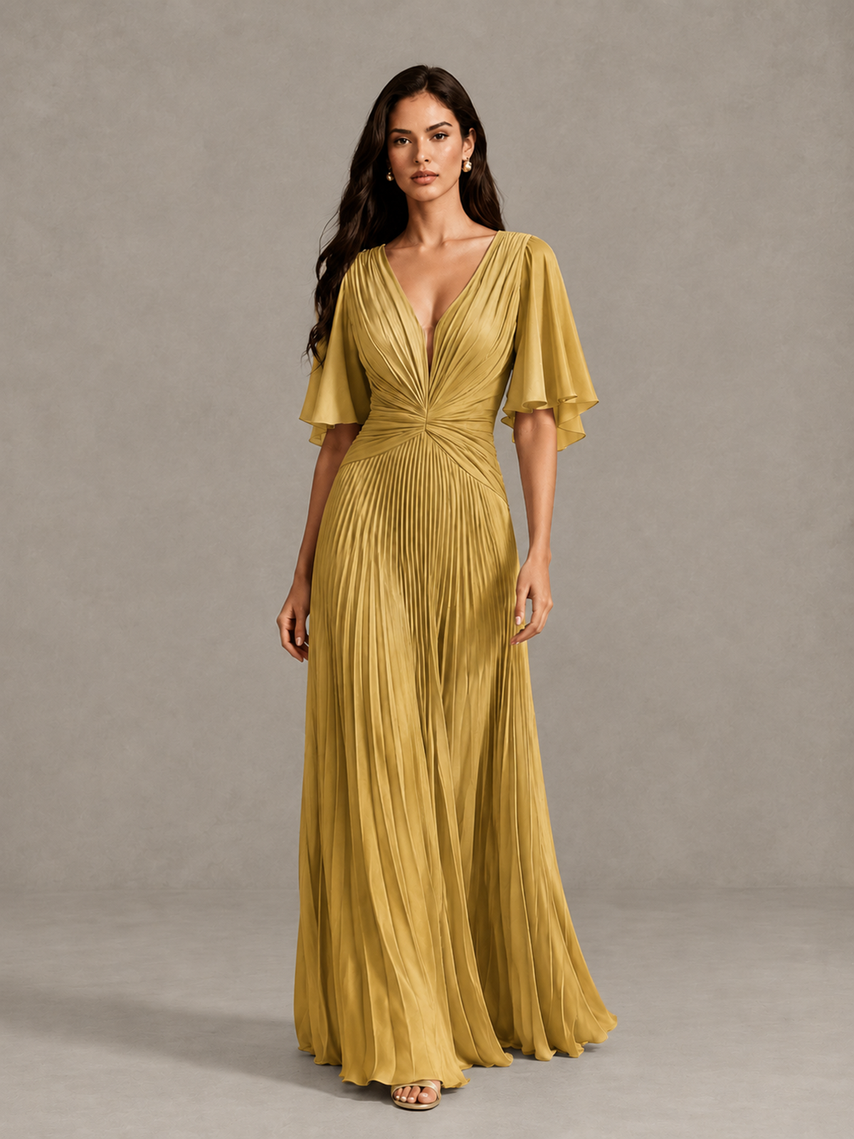BOLODOO Gold Pleated V-Neck Flutter Sleeve Bridesmaid Dress - Gold - Gold (1)