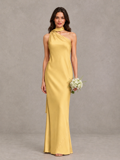 BOLODOO Gold Satin One-Shoulder Bridesmaid Dress with Open Back - Gold - Gold (1)