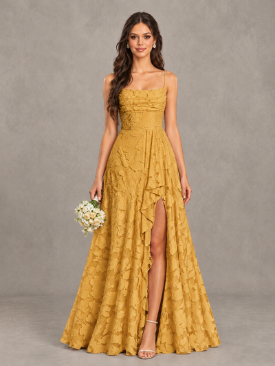 BOLODOO Gold Floral Appliqué Slit Maxi Dress - Gold - Gold (1)