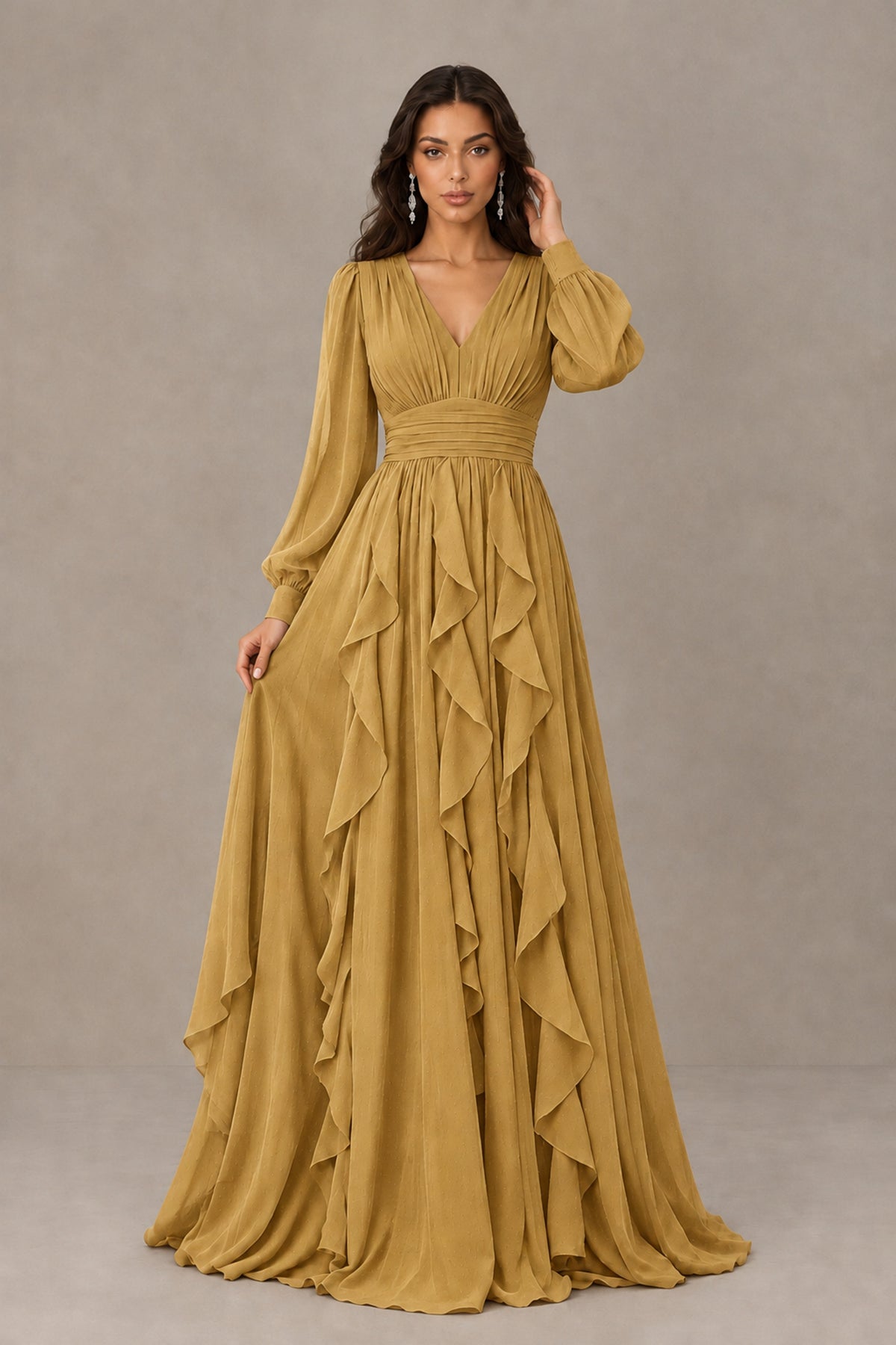 BOLODOO Gold Long Sleeve V-Neck Ruffle Maxi Dress - Gold - Gold (1)