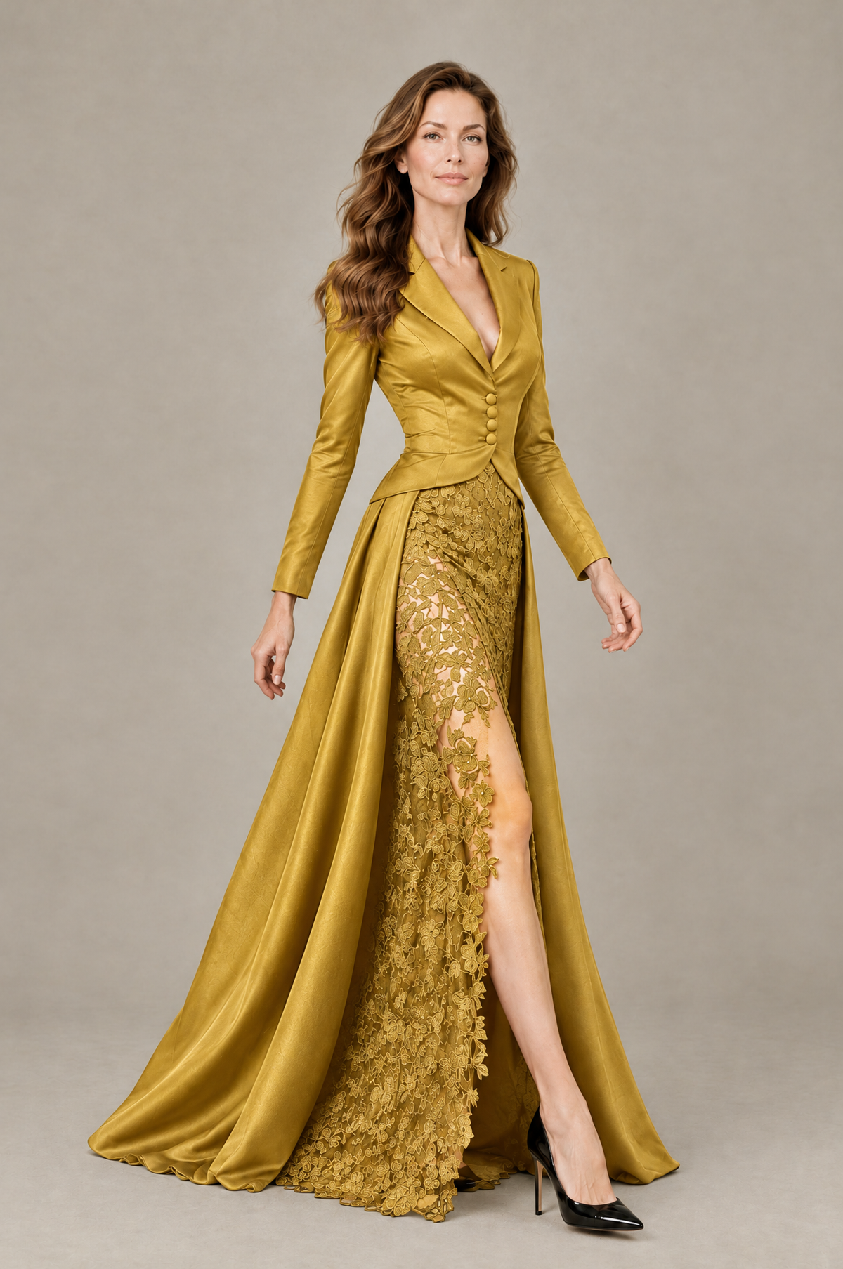 BOLODOO Gold Long Sleeve Lace Blazer Gown with High Slit - Gold - Gold (1)