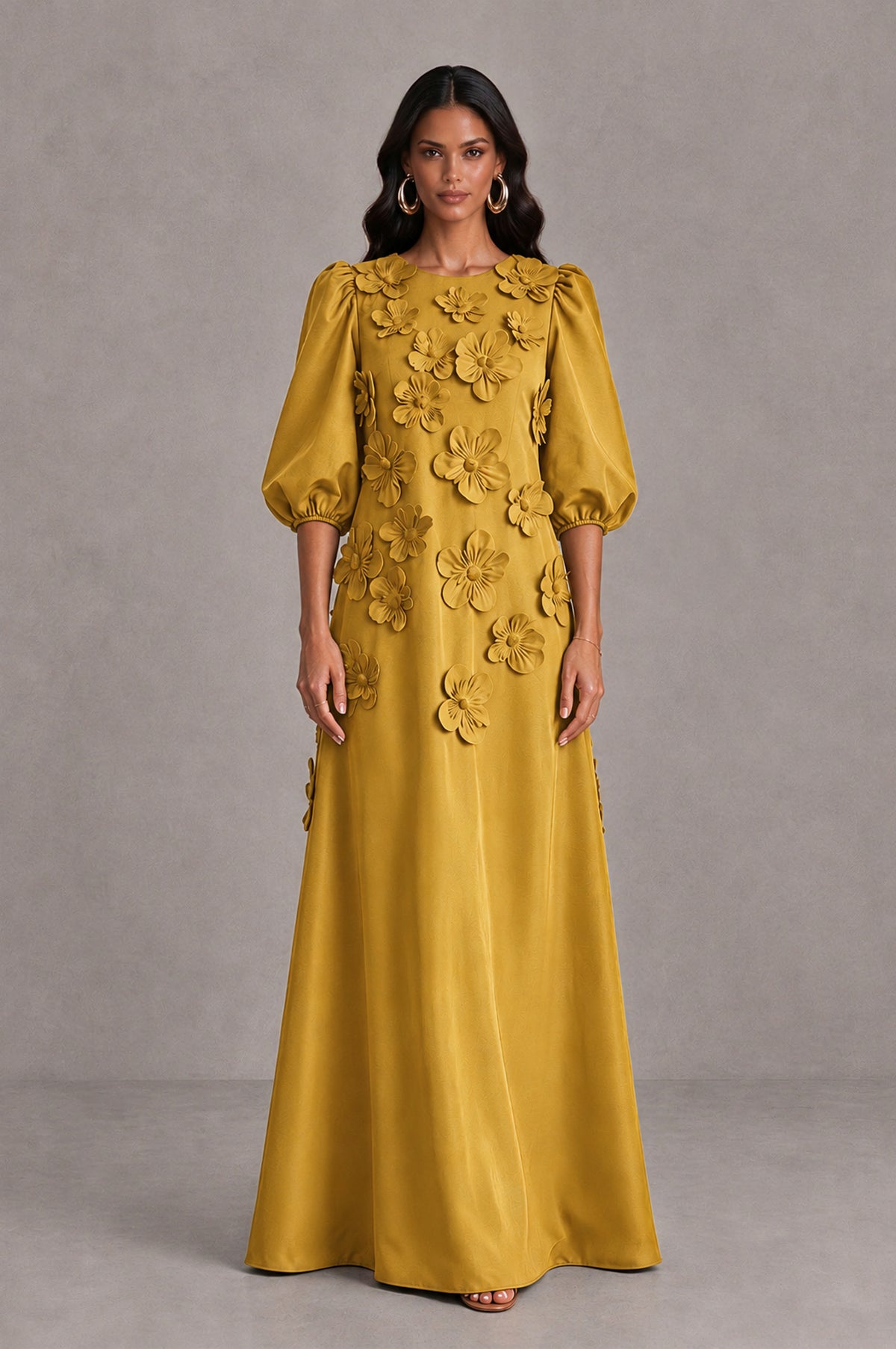 BOLODOO Gold Floral Applique Puff Sleeve A-Line Evening Dress - Gold - Gold (1)