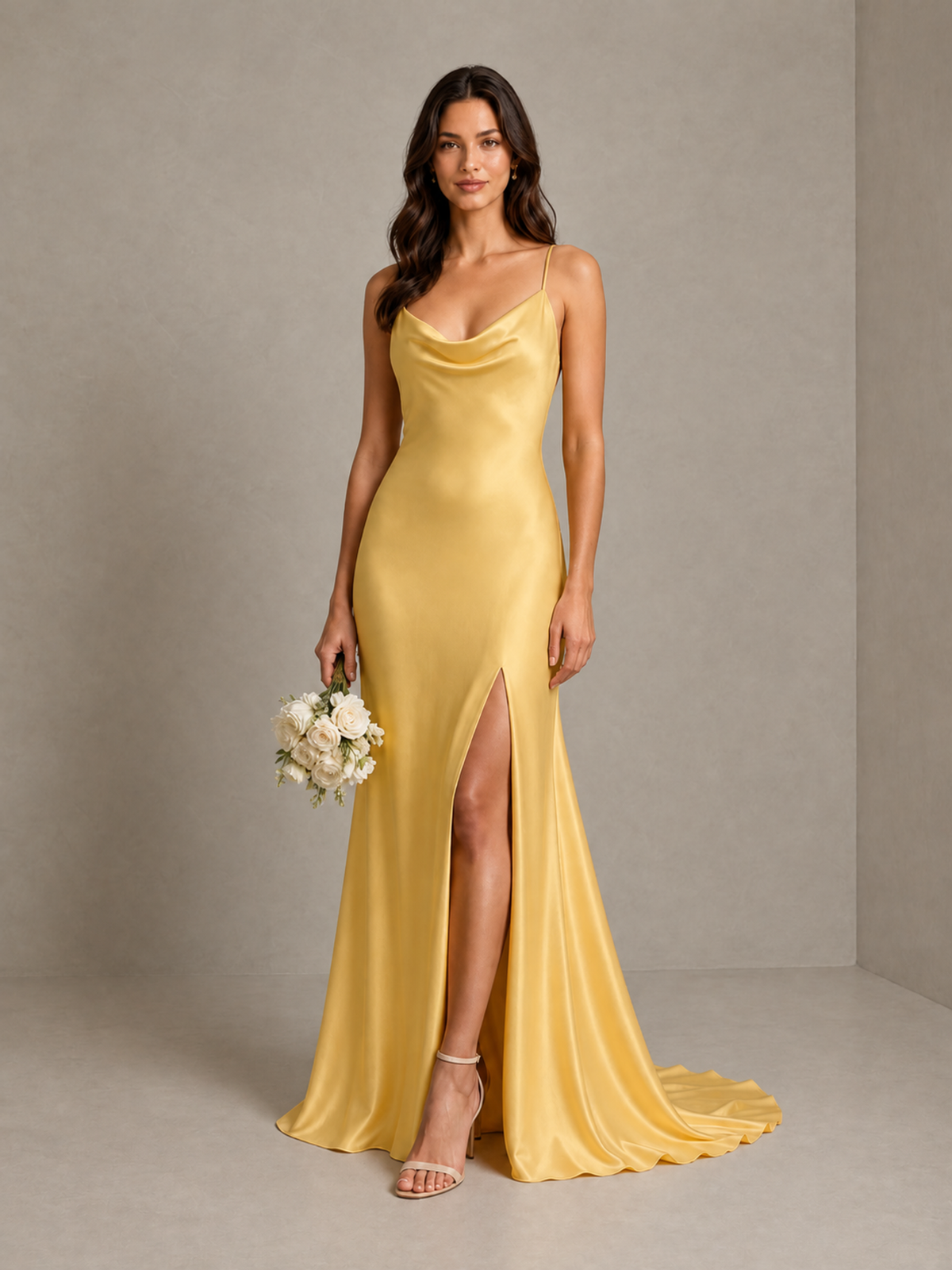 BOLODOO Gold Satin Cowl Neck Bridesmaid Dress with Open Back & Side Slit - Gold - Gold (1)