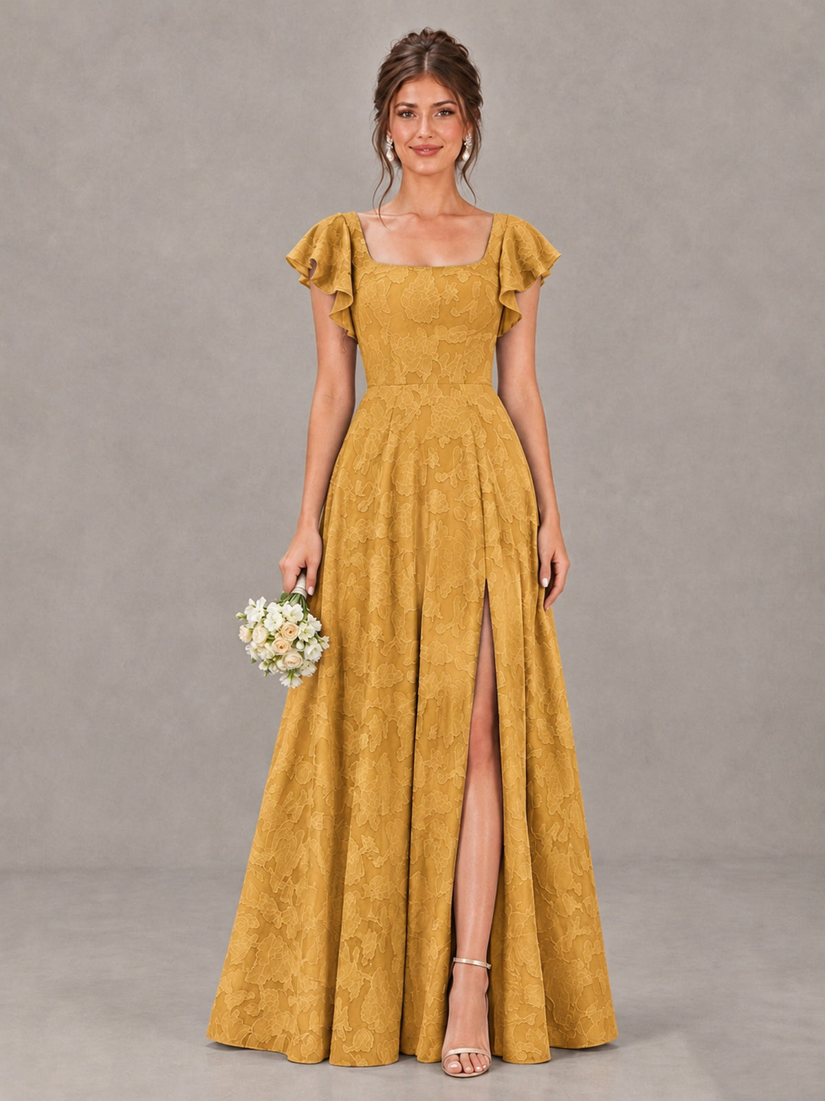 BOLODOO Gold Floral Flutter Sleeve Bridesmaid Dress with Slit - Gold - Gold (1)