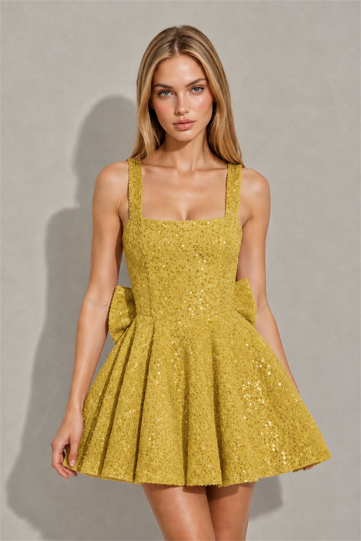 BOLODOO Gold Sequin Square Neck Wide Strap Bow Waist Open Back Fit and Flare Mini Dress | Prom Birthday Party Dress - Gold