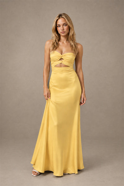 BOLODOO Gold Sweetheart Strapless Twist Knot Cutout Lace-Up Back Satin Mermaid Maxi Dress - Gold - Gold (1)